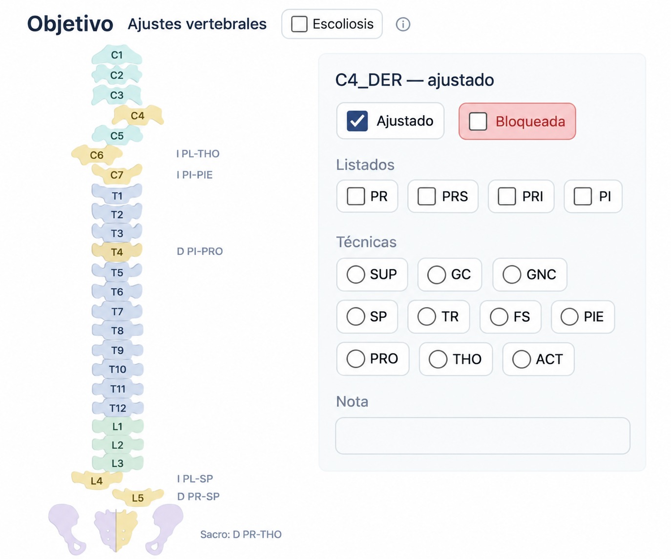 Historia clínica de QuiroNexus con el registro de ajustes por segmento de la columna