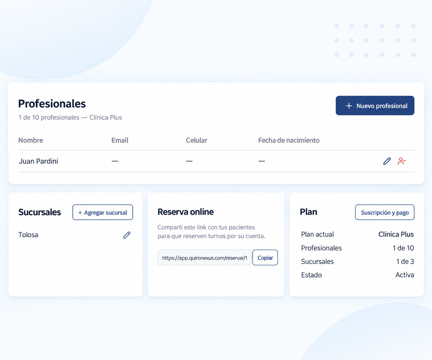Gestión de profesionales, pacientes y permisos del consultorio en QuiroNexus