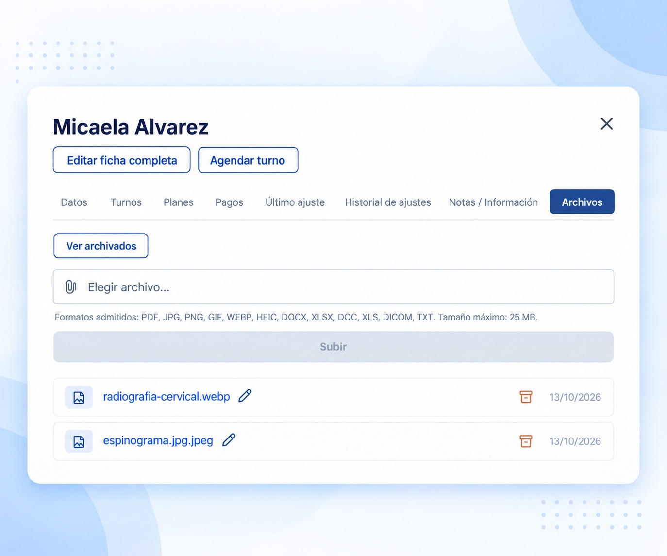 Estudio por imágenes de columna con anotaciones dentro de la ficha del paciente