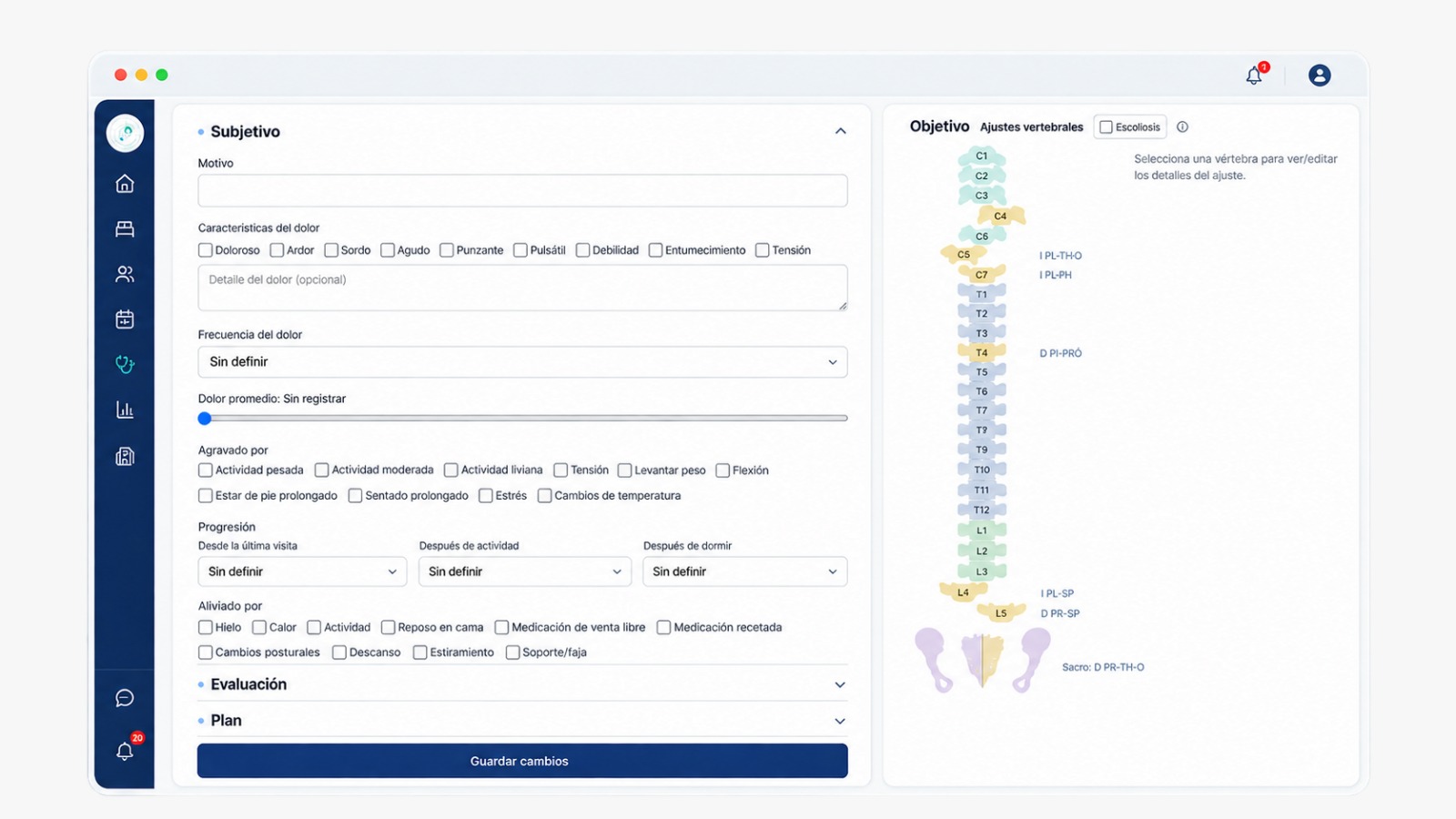 Vista de QuiroNexus: ficha clínica con la columna vertebral y el registro de ajustes del paciente